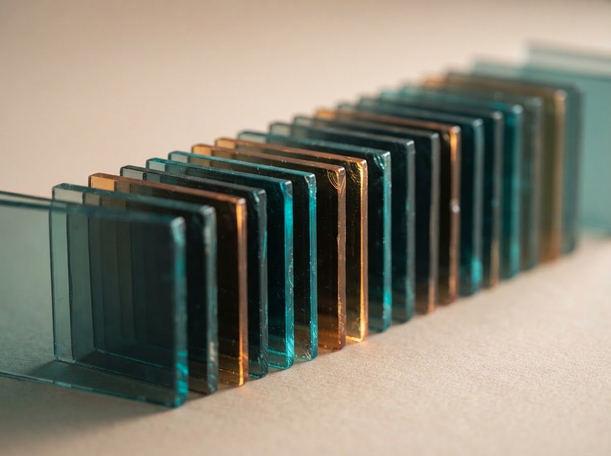 Layered translucent glass panels catching teal and amber light